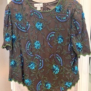 Vintage Laurence Kazar Black and Blue Embellished Blouse